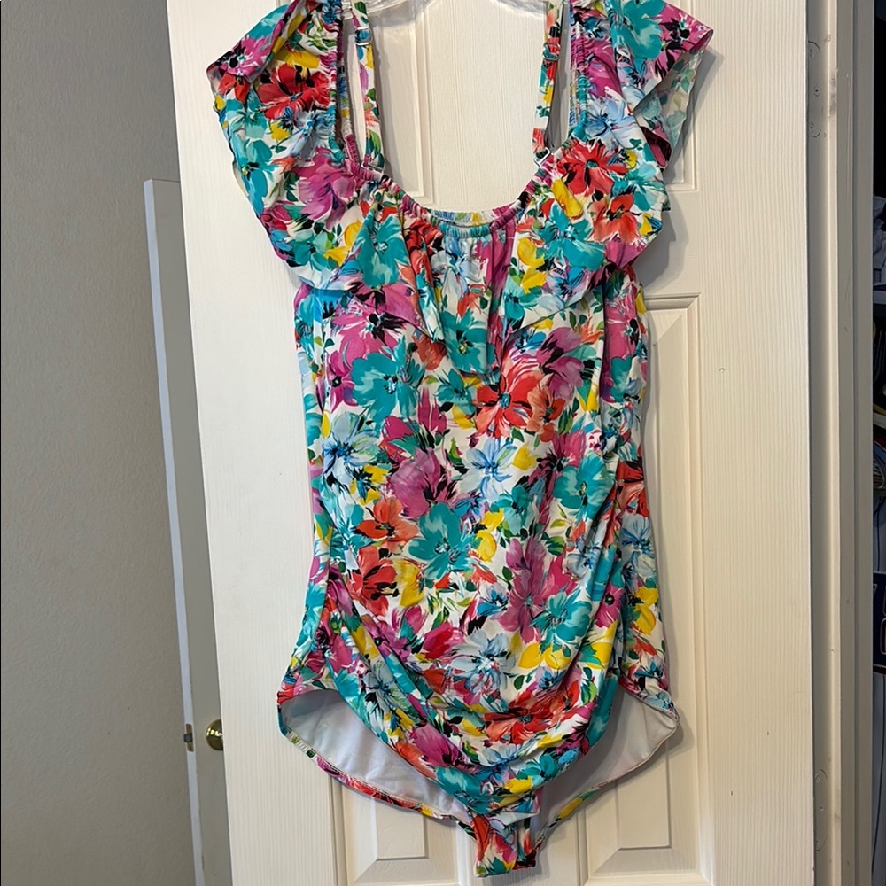 Pink and Blue Ruffled One-Piece Swimsuit
